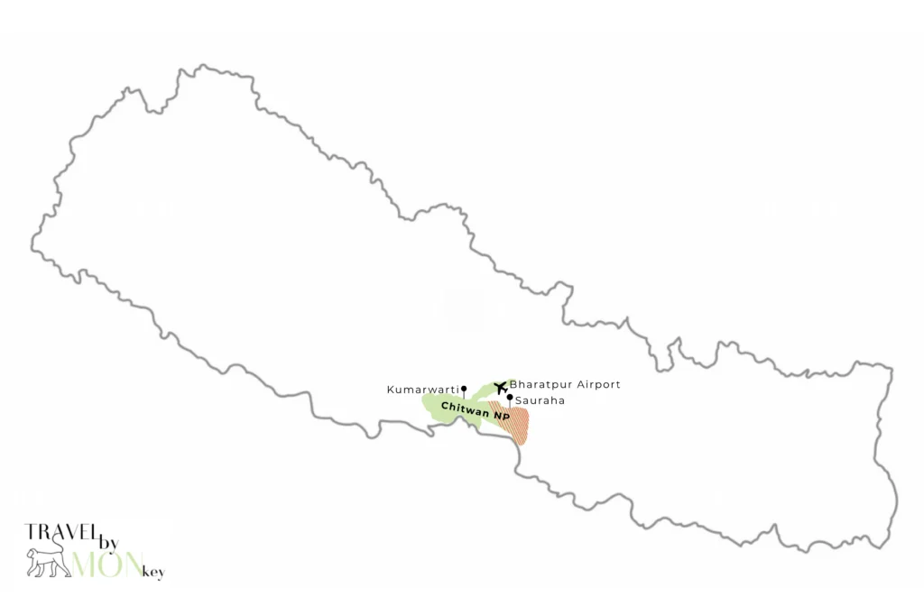 Chitwan National Park Mapa pokazująca park na tle Nepalu i miejscowości Sauraha, Kumarwarti i Bharapur Airport czyli Baze do safari i obserwacji nosorożców i tygrysów