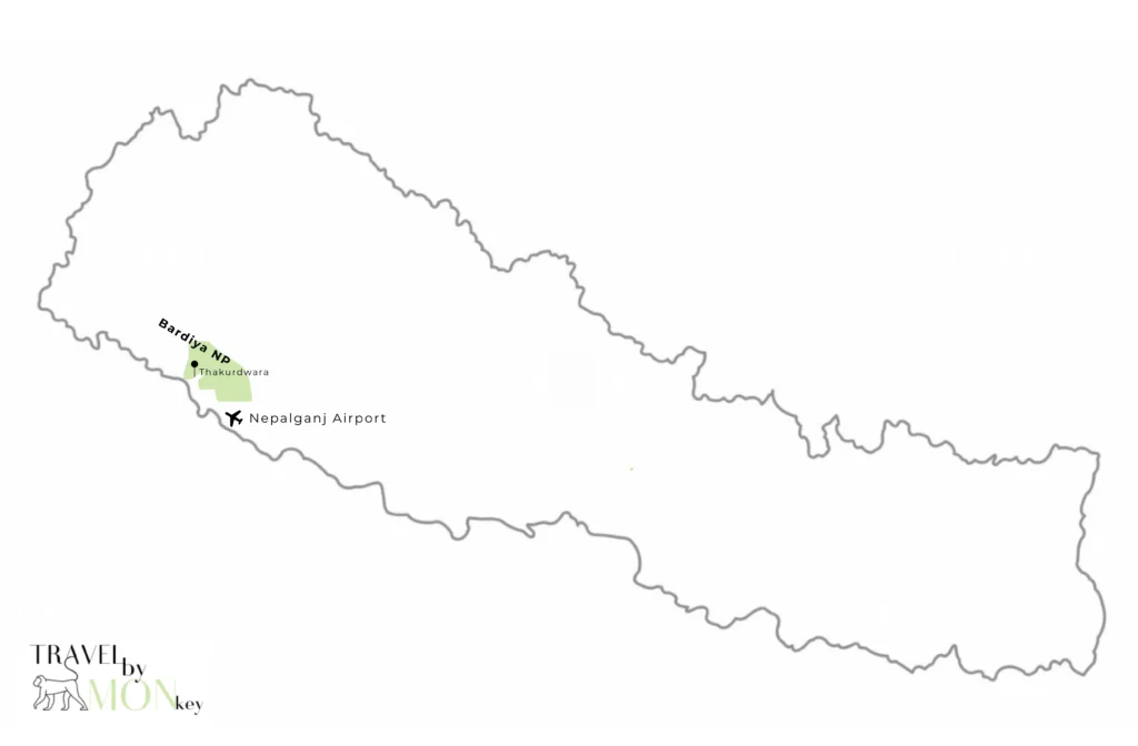 Park Narodowy Bardia czyli Tygrysy w Nepalu - Jak Zorganizować Safari? Mapa Nepalu z zaznaczonym Parkiem Narodowym Bardia, miejscowością Thakurdwara oraz lotniskiem Nepalgunj – głównymi punktami dojazdu na safari i obserwację tygrysów